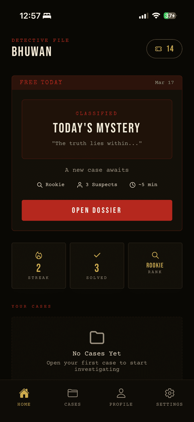 Dossier app home screen showing today's mystery case