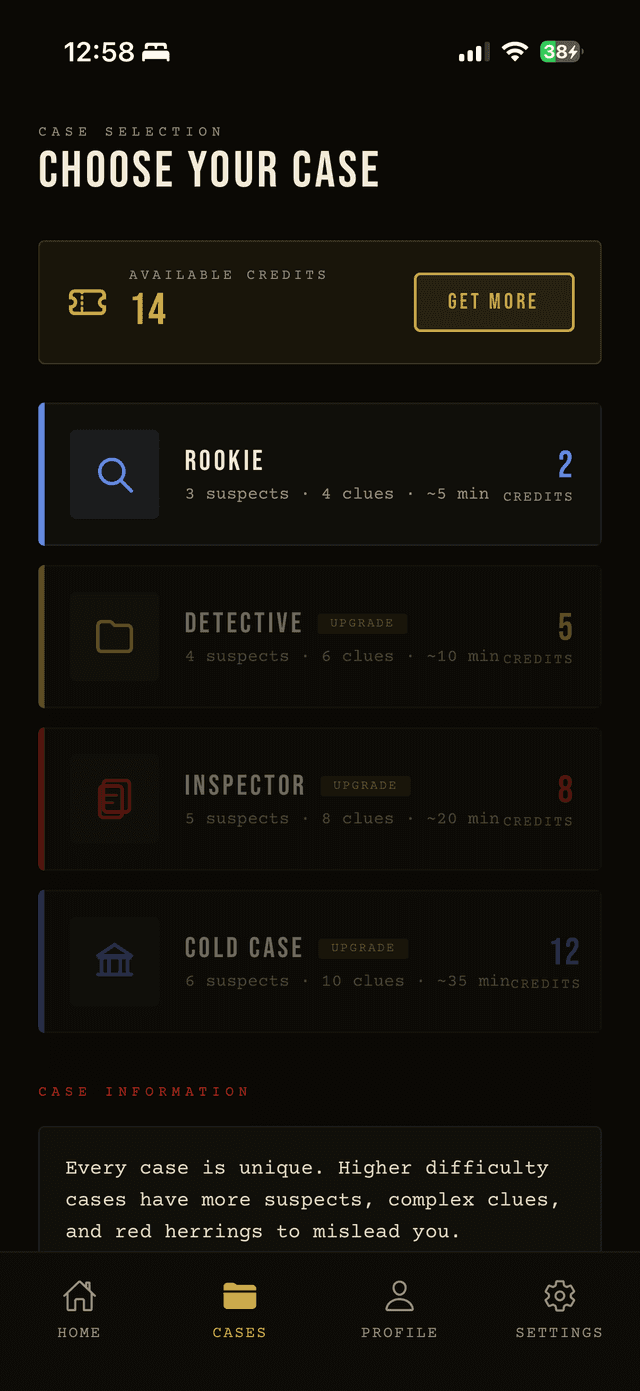 Choose your case difficulty in the Dossier app